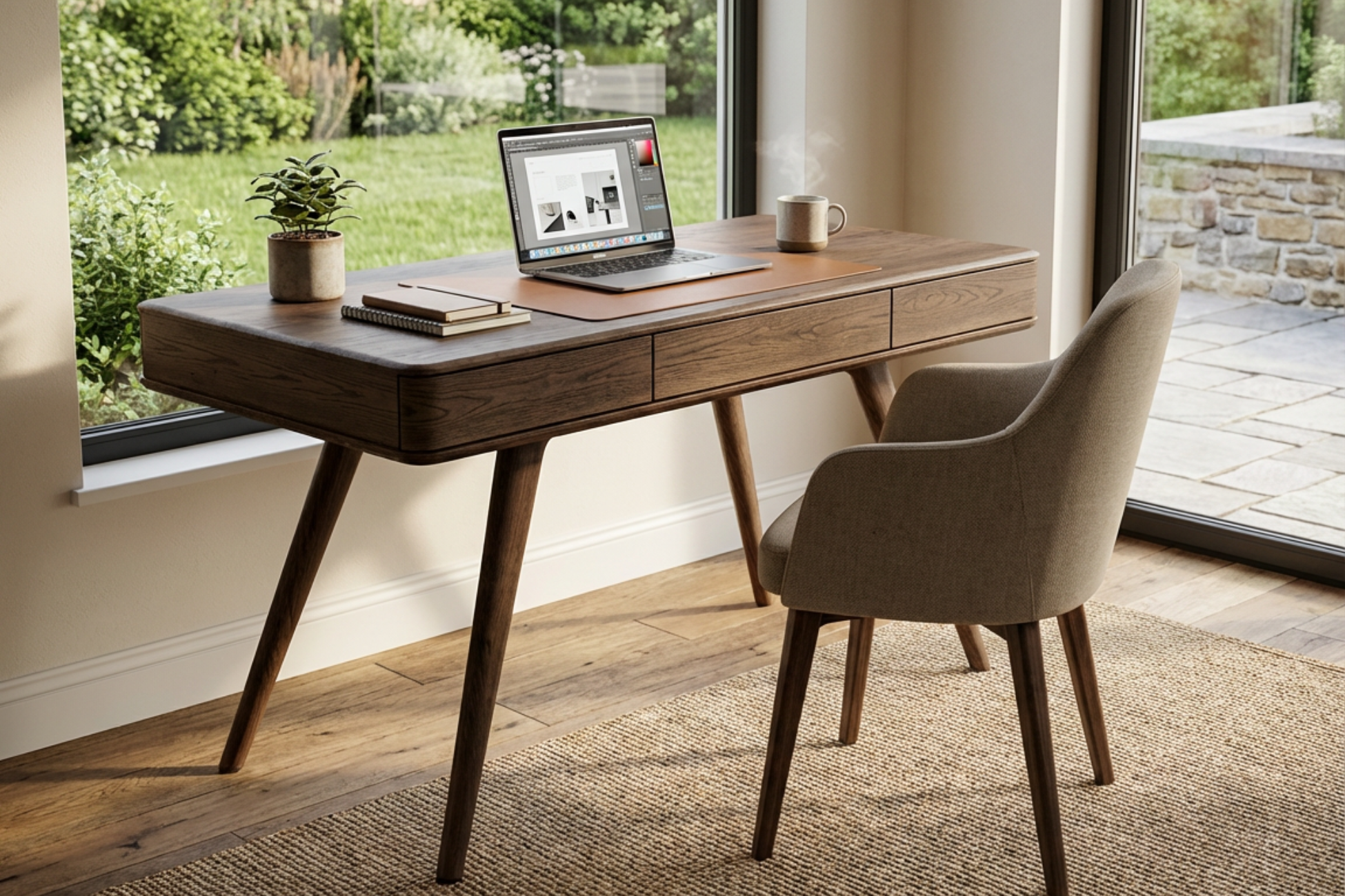 biroul de acasa, cadru cu biroul Inia din stejar, amplasat langa ferestre mari cu vedere spre gradina