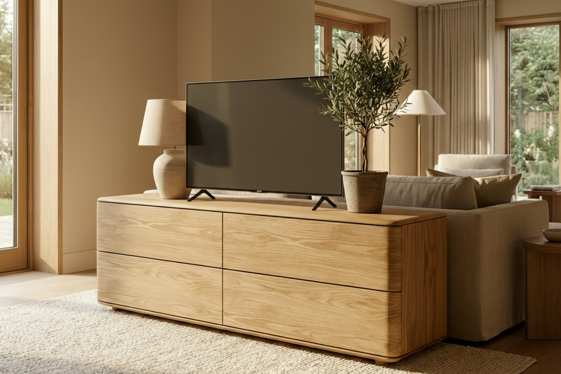 cadru dintr-un living contemporan, cu comoda TV Inia din lemn masiv de stejar in prim-plan